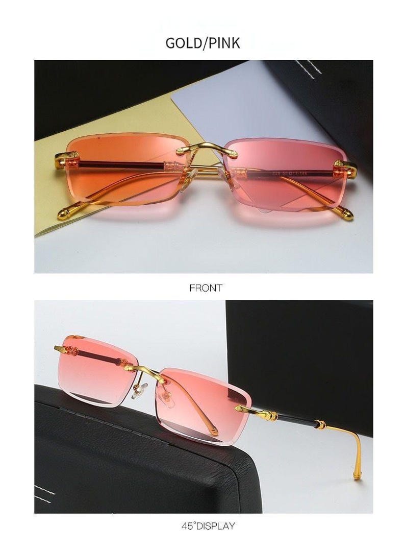 May include: Gold-framed sunglasses with gradient pink lenses. The rectangular lenses transition from a darker pink at the top to a lighter shade at the bottom. The image includes the text "GOLD/PINK", "FRONT", and "45&deg;DISPLAY".