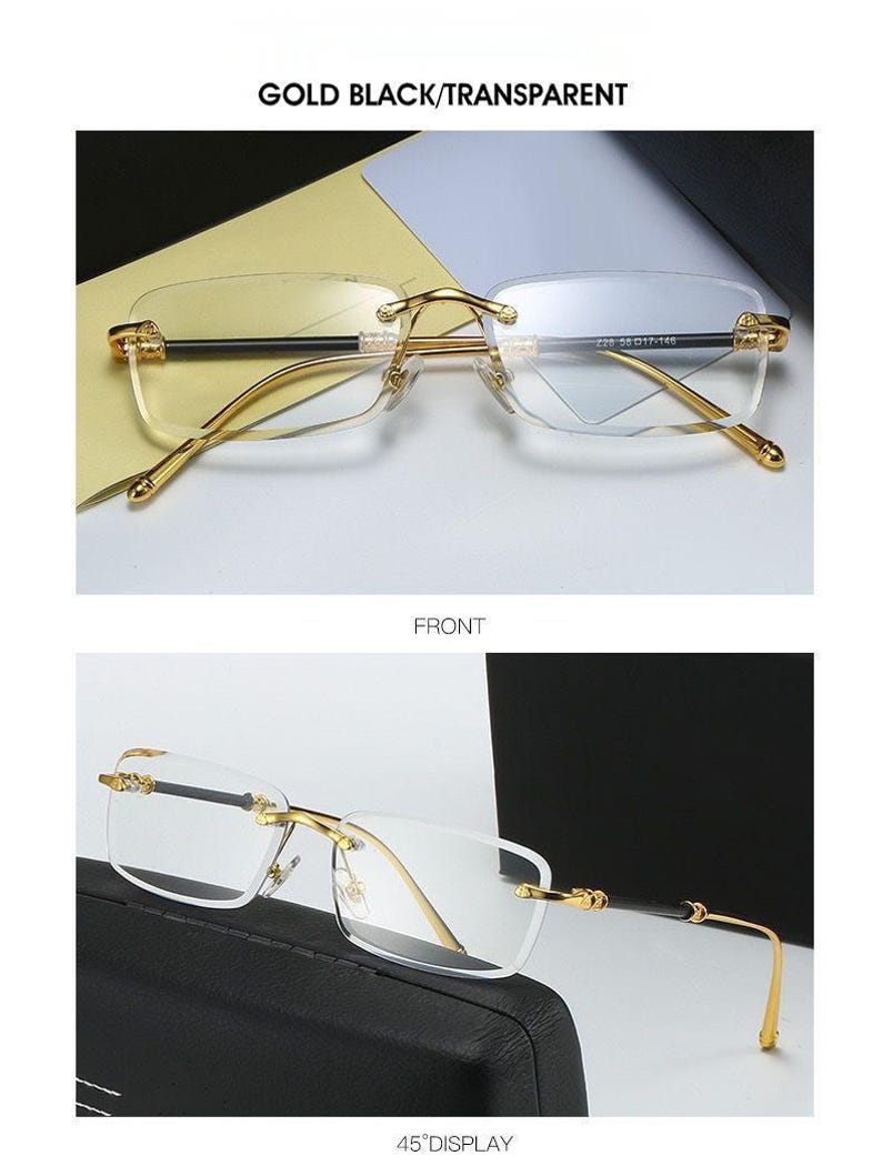 May include: Rimless eyeglasses with gold-colored frames and black temples. The lenses are clear and rectangular. The text "GOLD BLACK/TRANSPARENT" is at the top of the image. The text "FRONT" is in the middle of the image. The text "45&deg;DISPLAY" is at the bottom of the image.