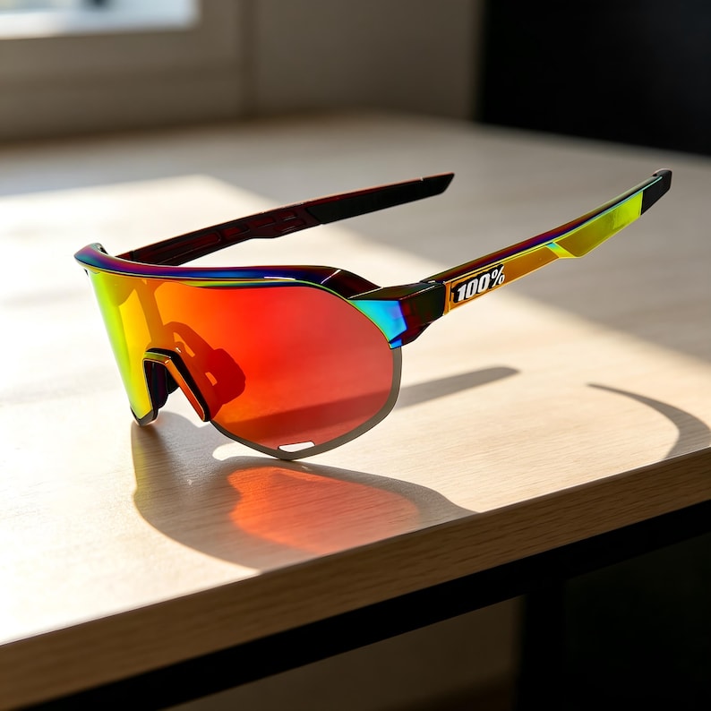 May include: Sport sunglasses with a vibrant red lens and a multi-colored frame. The frame features the text "100%" on the arm. The sunglasses are designed for outdoor activities and offer protection from the sun.