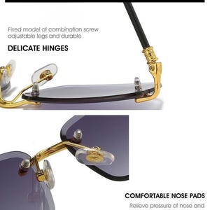 May include: Close-up of rimless sunglasses with gold-colored accents. The image highlights the delicate hinges, comfortable nose pads, and adjustable legs. Text on the image reads "DETAILS SHOW", "DELICATE HINGES", and "COMFORTABLE NOSE PADS".