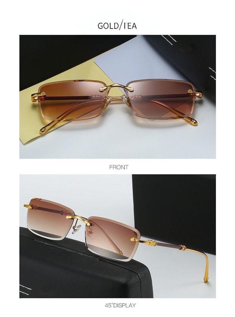 May include: Gold rimless sunglasses with gradient brown lenses. The rectangular lenses are set in a gold frame with a bridge and temples. The text "GOLD/TEA" is at the top of the image.