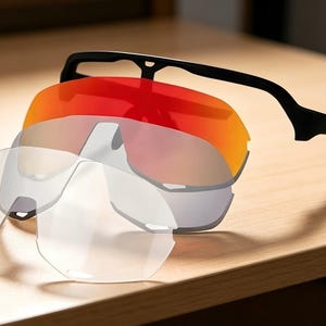 May include: A set of interchangeable sports sunglasses with a black frame and multiple lenses. The lenses include a vibrant red-orange, a mirrored silver, and clear options. The frame has the text "100%" printed on the arm.