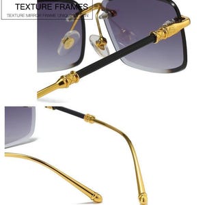 May include: Gold-framed sunglasses with gradient lenses. The glasses have a black arm with gold accents and a decorative design. The text "TEXTURE FRAMES" and "COLORFUL LENS" are visible.