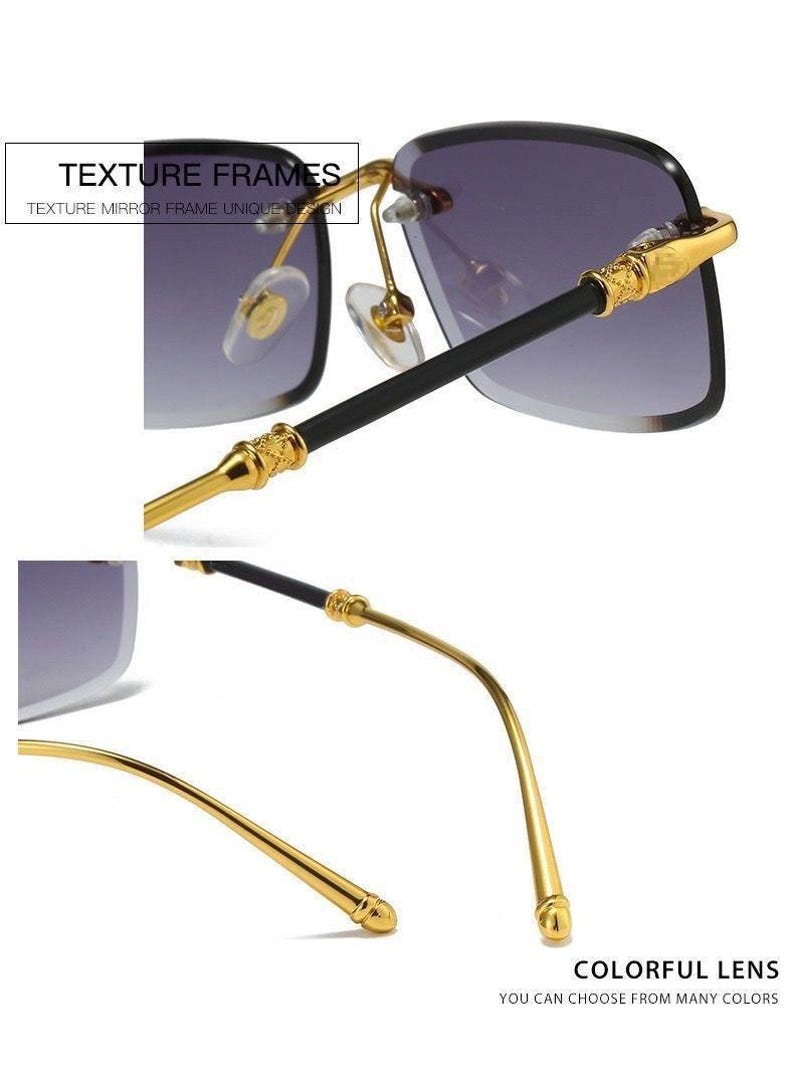 May include: Gold-framed sunglasses with gradient lenses. The glasses have a black arm with gold accents and a decorative design. The text "TEXTURE FRAMES" and "COLORFUL LENS" are visible.