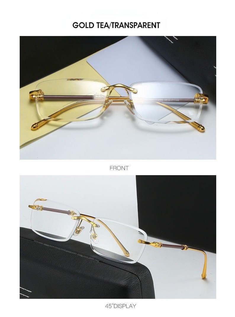 May include: Rimless eyeglasses with gold-colored metal frames and temples. The lenses are clear, and the top bar is a dark brown color. The text "GOLD TEA/TRANSPARENT" is at the top of the image. The image also shows the text "FRONT" and "45 DISPLAY".