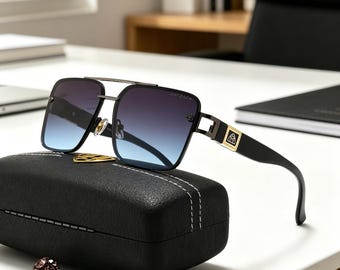 Maybach Square Sunglasses, Double Bridge Metal Frame, Gradient UV400 Lenses, Luxury Eyewear Gift