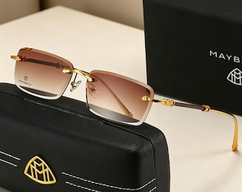 Maybach Luxury Rimless Gold Frame Sunglasses, Gradient Lenses, UV400 Protection, Unisex Fashion Eyewear
