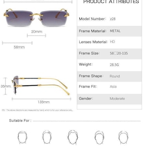 May include: Rimless sunglasses with a gold metal frame and gradient lenses. The frame is 138mm wide, with lenses 58mm wide and 35mm high. The model number is z28. Suitable for square, long, diamond, oval, and round face shapes.
