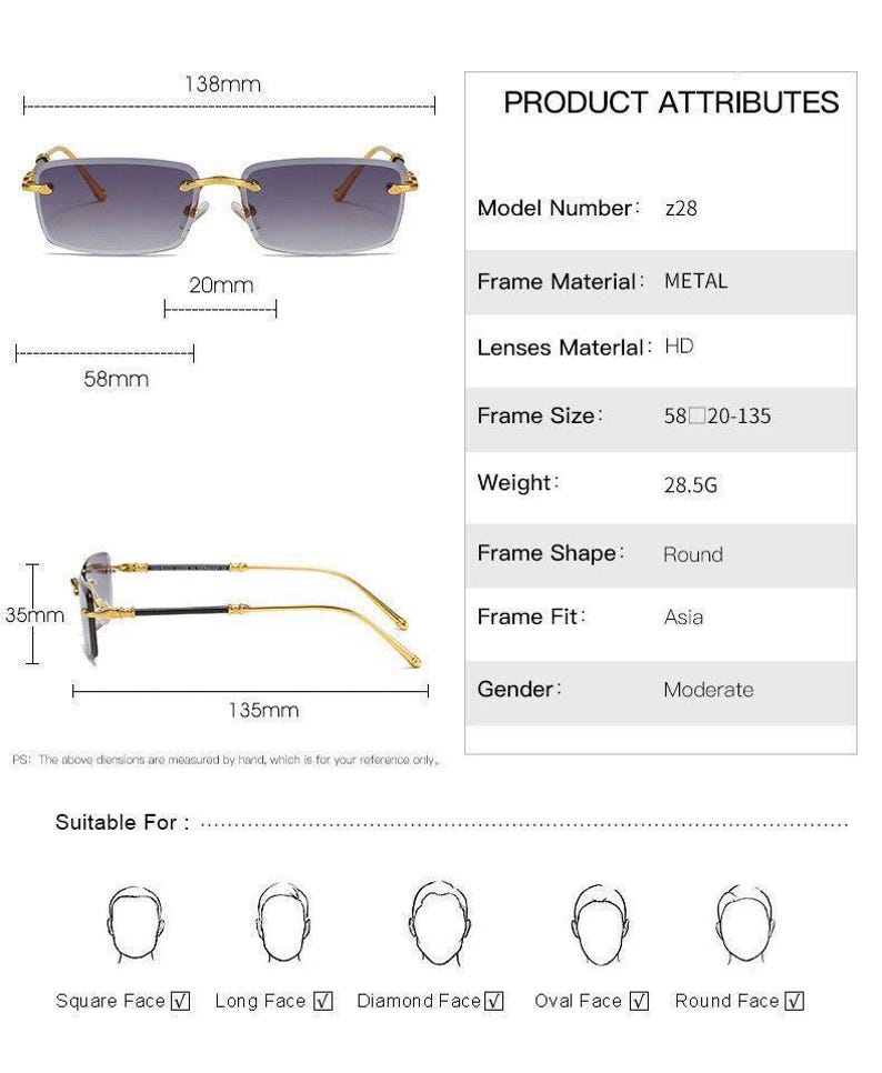 May include: Rimless sunglasses with a gold metal frame and gradient lenses. The frame is 138mm wide, with lenses 58mm wide and 35mm high. The model number is z28. Suitable for square, long, diamond, oval, and round face shapes.