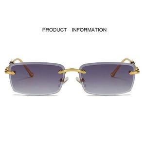 May include: Rimless sunglasses with a gradient lens. The rectangular lenses transition from a dark purple at the top to a lighter shade at the bottom. The frames are gold-colored, and the text "PRODUCT INFORMATION" is above the sunglasses.