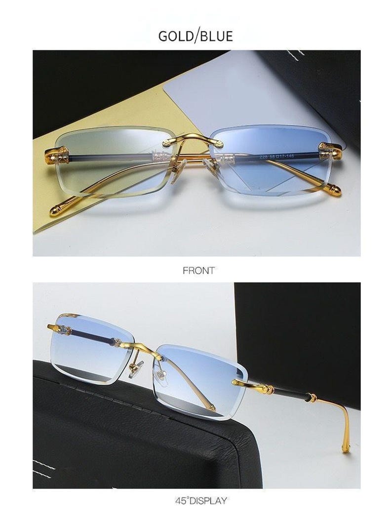 May include: Gold-framed rimless sunglasses with gradient blue lenses. The glasses have a rectangular shape and a gold bridge and temples. The text "GOLD/BLUE" is at the top of the image, and "FRONT" and "45&deg;DISPLAY" are also visible.
