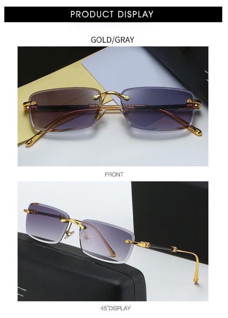 May include: Rimless sunglasses with gold-colored frames and gradient purple lenses. The product display shows the sunglasses from the front and at a 45-degree angle. The text "PRODUCT DISPLAY" and "GOLD/GRAY" are visible.