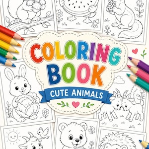 Könnte beinhalten: Ein Malbuch mit dem Titel COLORING BOOK CUTE ANIMALS mit schwarz-weißen Strichzeichnungen von einem Eichhörnchen, einer Ente, einem Frettchen, einem Hasen, Ziegen, einem Bären und einem Igel, umgeben von Buntstiften auf beiden Seiten.