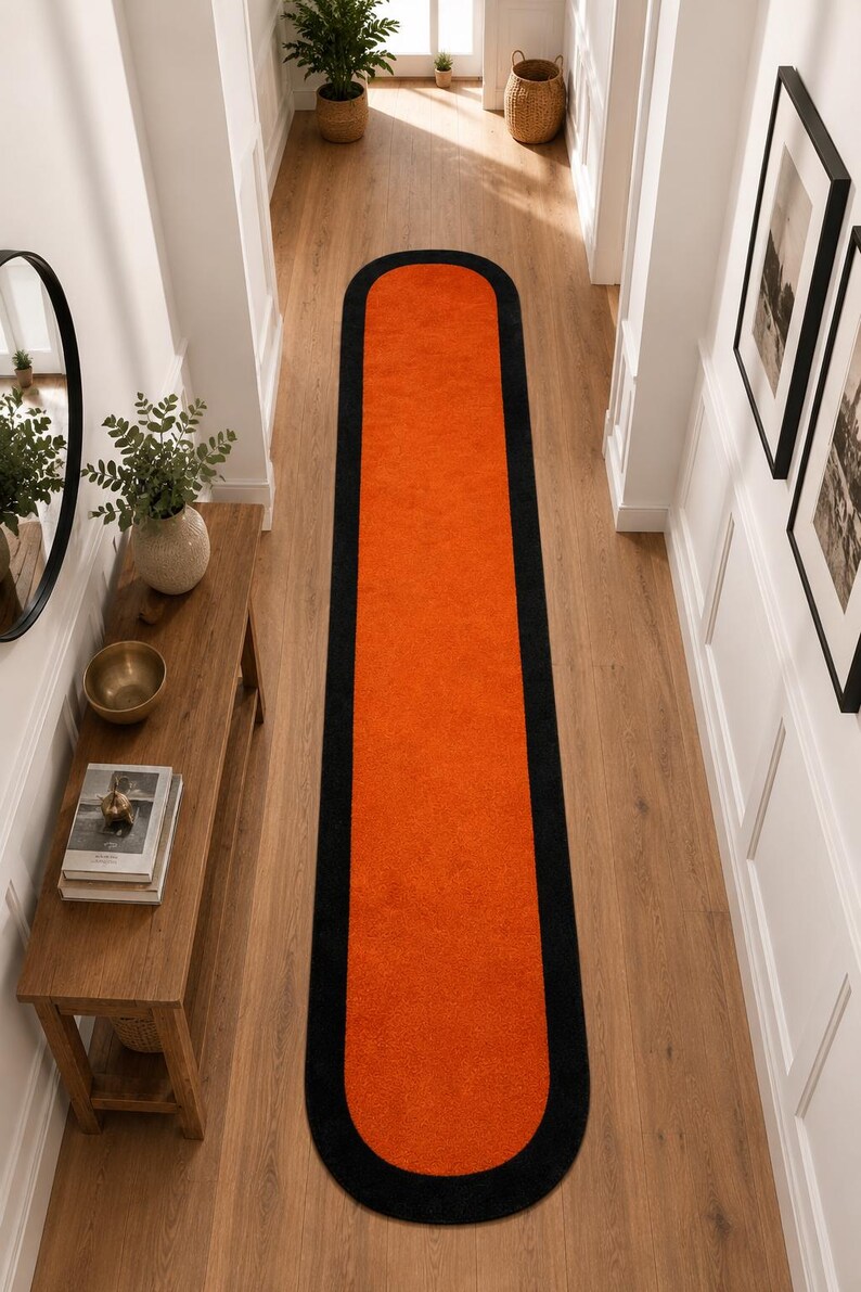 Plush Burnt Orange Runner Rug With Jet Black Border – Rounded Ends ...