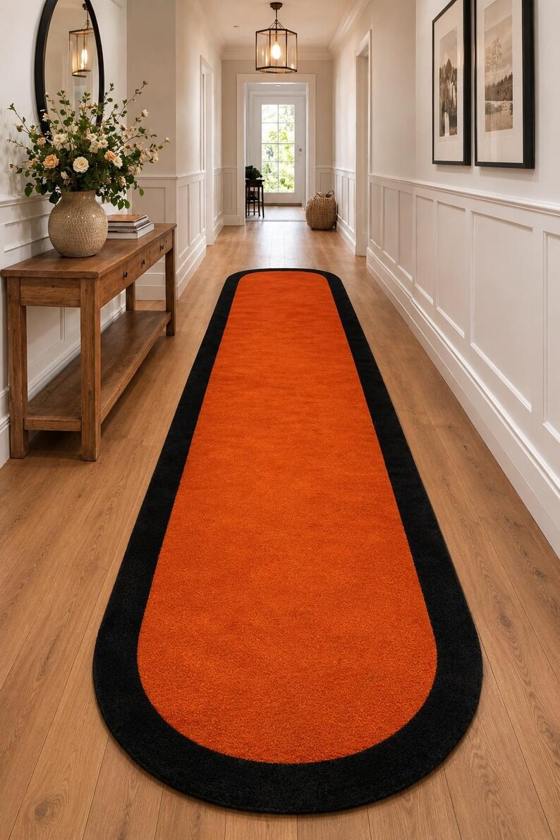 Plush Burnt Orange Runner Rug With Jet Black Border – Rounded Ends ...