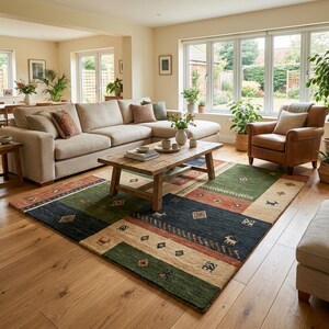 Hand Tufted Gabbeh Rug | Modern Patchwork Wool Floor Accent | Rustic Handmade Geometric Design.
