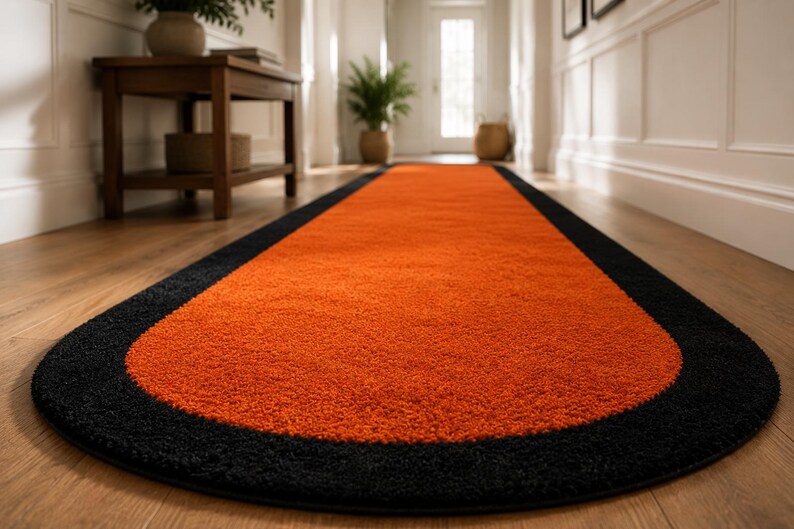 Plush Burnt Orange Runner Rug With Jet Black Border – Rounded Ends ...