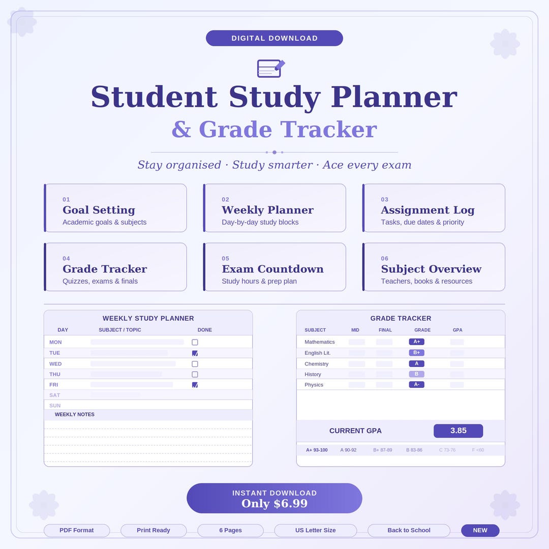 Student Study Planner Printable | Grade Tracker Weekly Planner ...