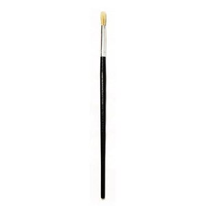 May include: A long, slender paintbrush featuring a smooth, glossy black wooden handle and a silver-toned metal ferrule. The brush head consists of light-coloured, soft bristles arranged in a rounded, tapered shape, suitable for detailed application.