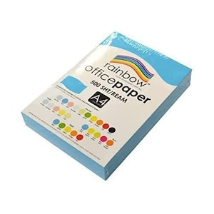 May include: A ream of light blue A4 office paper wrapped in clear plastic packaging. The label features a rainbow graphic above the text rainbow office paper 500 SHT/REAM A4, along with a colour chart displaying various available paper shades.