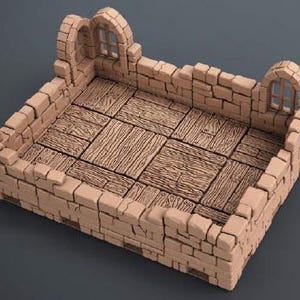 May include: A miniature, tan-coloured dungeon room with a stone brick exterior and a wooden plank floor. The walls feature arched windows. This model is designed for tabletop gaming and role-playing games.