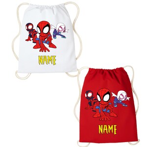 May include: Two drawstring bags, one white and one red. Each bag features a cartoon illustration of Spider-Man and Spider-Gwen. The word "NAME" is printed in yellow on each bag. The bags have beige drawstrings.