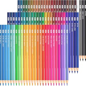 May include: A collection of colored pencils arranged in rows, showcasing a spectrum of hues. Each pencil is labeled with its color name and number, ranging from vibrant blues and greens to warm yellows, oranges, and reds, and ending with shades of purple, gray, and black.