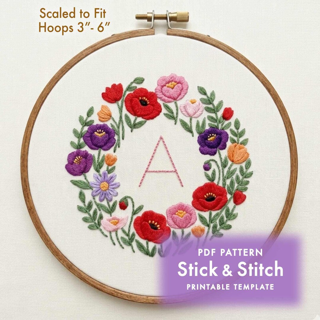 Floral Wreath Embroidery Pattern | Poppy Peony, Beginner Stick & Stitch ...