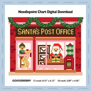 May include: A digital needlepoint chart titled Santa's Post Office featuring a pixel art storefront with a green garland, an elf with a long list, and Santa Claus. Dimensions are 8.15 inches by 6.13 inches for 13 mesh and 5.89 by 4.56 for 18 mesh.