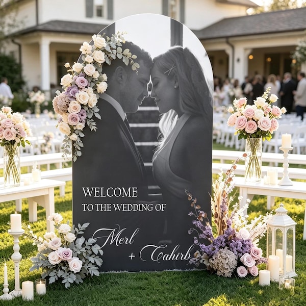 Personalized Arched Wedding Welcome Sign with Photo, Custom Photos Board, Event Print Banner, Modern Wedding Decor