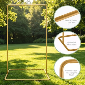 May include: A rectangular gold iron frame stand with a wide base and rounded edges. The frame features a glossy finish. Three circular insets highlight the durable gold iron material, the wider base for stability, and the rounded corner edges.