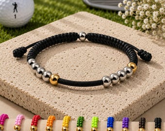 Pulseira Contadora de Pontos de Golfe em Aço Inoxidável Branco com Detalhes em Rosa, 10 Contas, Ajustável, Ideal para Golfistas