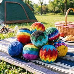 May include: A collection of colorful, hand-crocheted juggling balls. Each ball features a unique pattern of vibrant colors, including blue, red, yellow, green, and purple. The balls are arranged on a striped blanket, with a picnic basket and tent in the background.