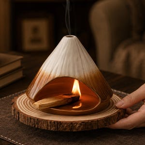 Op de afbeelding: Een conische keramische wierookbrander met een witte bovenkant en een bruine basis, voorzien van een getextureerd oppervlak en een brede opening. Een brandend stuk palo santo hout ligt in de brander en verspreidt een dunne rookpluim.