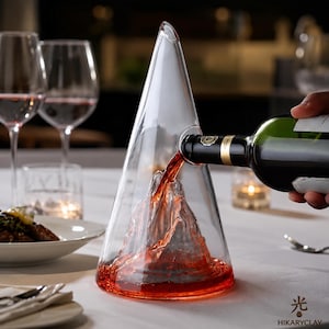 Puede incluir: Un decantador de vino de vidrio transparente con forma cónica y una estructura interior esculpida similar a una montaña. Se vierte vino tinto desde una botella al decantador, llenando la base y fluyendo sobre el pico de vidrio central.