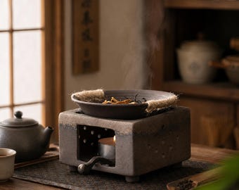Retro Japanese Tea Stove Set with Ceramic Tea Roasting Plate, Candle Warmer Burner & Tea Ceremony Accessories Set