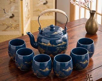 Juego de té de cerámica japonesa, tetera azul con 6 tazas a juego, lujoso juego de servicio de té Gongfu, elegante regalo para amantes del té y decoración del hogar.