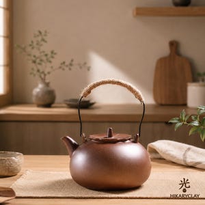 Op de afbeelding: Een bruine keramische theepot met een geweven handvat. De theepot heeft een afgeronde body, een tuit en een deksel met een kleine knop. Het handvat is gemaakt van een natuurlijke vezel. De theepot staat op een beige placemat. De tekst "HIKARYCLAY" is zichtbaar.