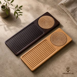 Japanese Bamboo Tea Tray Set with Rattan Detail, Rectangular Tea Drip Tray, Dark & Natural Wood Tea Board, Tea Ceremony Serving Tray