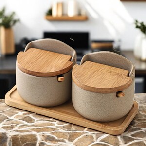 Juego de tarros de cerámica para especias con tapas y bandeja de bambú, recipientes minimalistas de 2 piezas para condimentos, organizador de cocina para especias y soporte para cucharas.