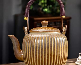 Japanese Ceramic Teapot with Bamboo Handle, Ribbed Japandi Teapot in Mint Green Blue or Amber, Minimalist Loose Leaf Tea Pot Decor