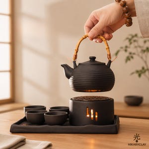 May include: A black ceramic tea set, including a teapot with a bamboo handle, a warmer, and four cups on a tray. The warmer has cut-out designs. The set is displayed on a wooden surface. The text "HIKARYCLAY" is visible.