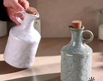 Handmade Ceramic Oil and  Vinegar Bottle, Stoneware Cruet with Cork Lid & Handle, Rustic Kitchen Dispenser for Cooking and Serving