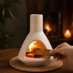 Könnte beinhalten: Cremefarbener Tischkamin aus Keramik mit dreieckigem Sockel und zylindrischem Schornstein. Flammen sind im Inneren des Kamins sichtbar, und ein Holzstück wird hinzugefügt. Der Kamin steht auf einem gewebten Untersetzer.