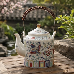May include: White ceramic teapot with a woven handle and a lid. The teapot features a colorful phoenix design with red, blue, and green accents. The handle is brown, and the spout is curved. The teapot is sitting on a wooden surface.