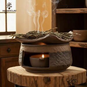 Handcrafted Ceramic Diffuser for Tea Leaves, Herbs, and Oils, Brown Black Candle Warmer, Roast Style Aroma Burner, Relaxation Unique Gift