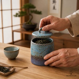 May include: A blue and brown ceramic tea caddy with a lid is being opened. The cylindrical caddy contains tea leaves. A small matching tea bowl and a wooden tray with tea leaves are also visible. The caddy is likely made in Japan.
