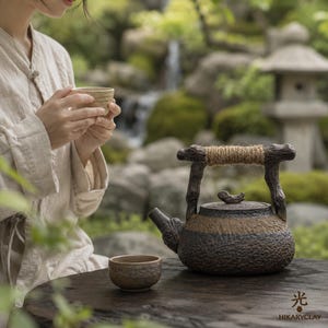 May include: A rustic ceramic teapot and teacup set with a textured, dark brown and tan finish. The teapot has a unique handle wrapped with twine. The teacup is round and simple. The image includes the text "光" and "HIKARYCLAY".