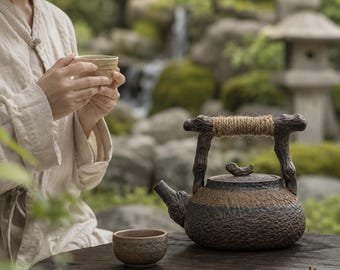 Handgefertigte Japanische Keramik Teekanne mit Rustikalem Seil Griff, Artisan Clay Teekessel für Loseblatt-Tee & Teezeremonie 800ml