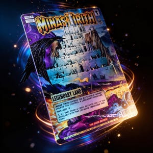 Könnte beinhalten: Sammelkarte mit dem Titel "Minas Tirith" und einer Fantasy-Illustration eines Schlosses. Die Karte ist eine "Legendary Land"-Karte mit Spielanweisungen. Die Karte ist Ausgabe Nr. 1.